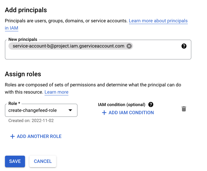 Adding service account with the created role to the bucket.